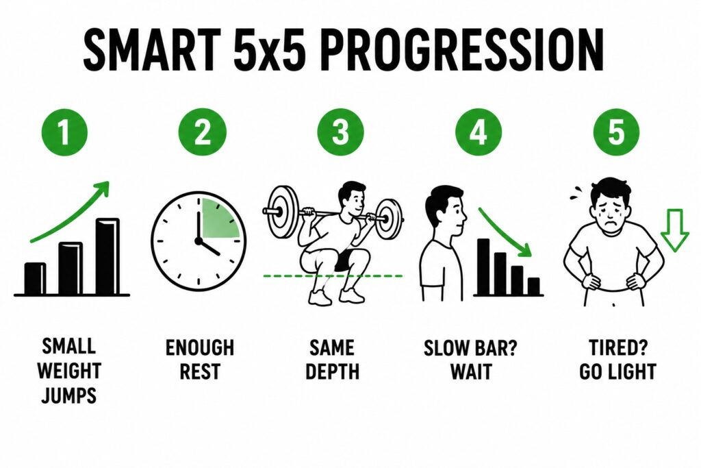 Smart-5x5-squat-progression-small-jumps-rest-depth-light-day