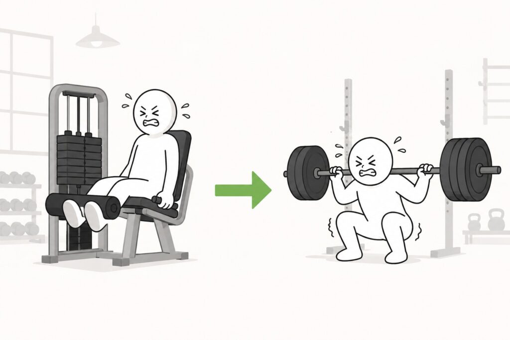 Gym-lifter-struggles-with-heavy-leg-extension-before-fatigued-barbell-squat