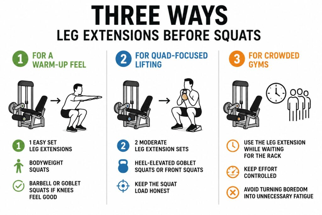 Leg-extensions-before-squats-used-for-warm-up-quad-focus-and-crowded-gym-training